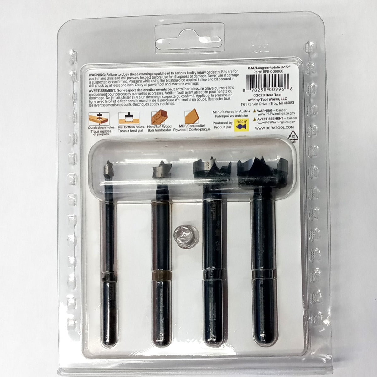 Bora Tempest Forstner Drill Bit Set 1/4, 1/2, 3/4, 1" 4Pc BFB-009966 Austria