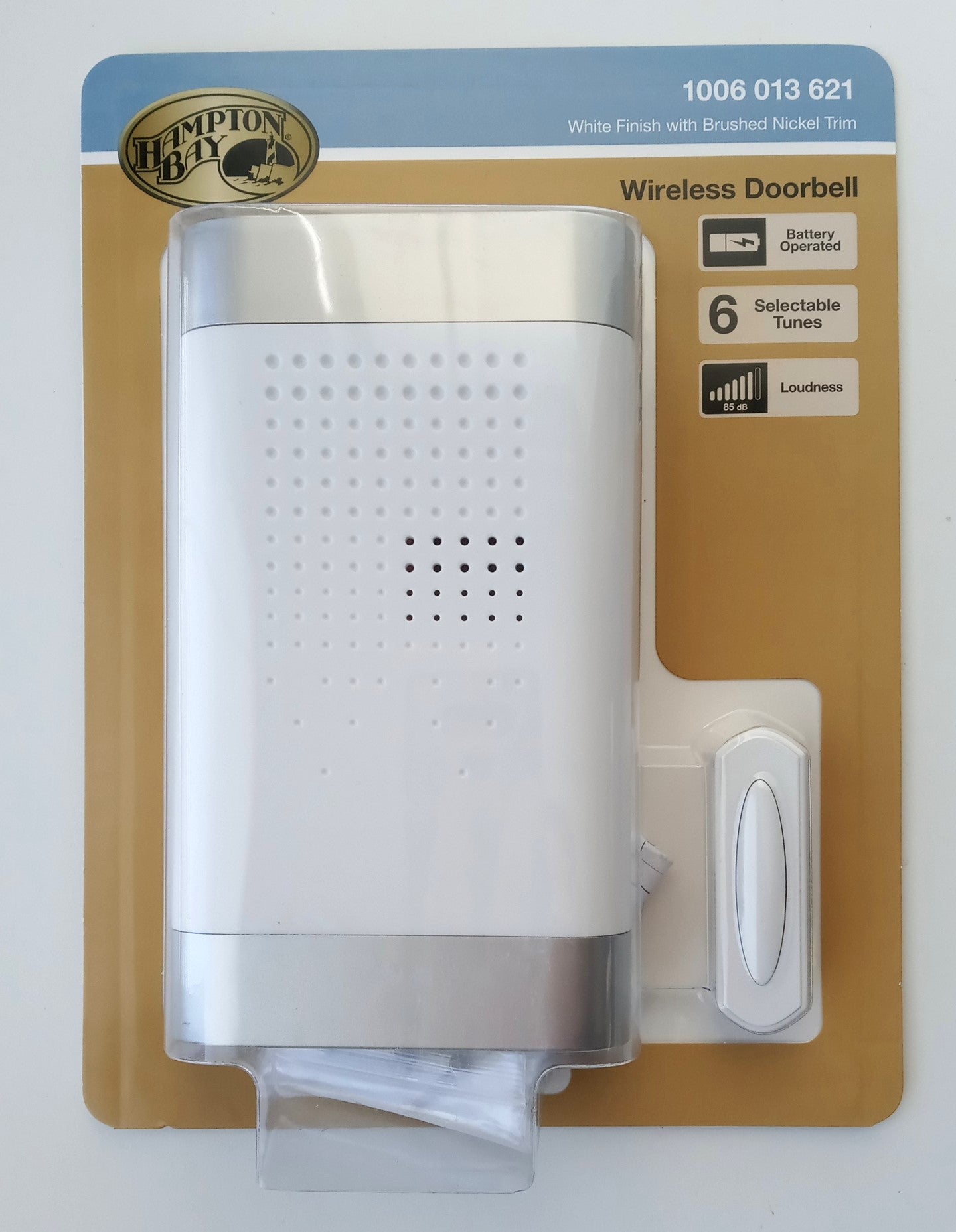 Hampton Bay HB-7314-00 Wireless Doorbell Brushed White With Nickel Trim 6 Tunes