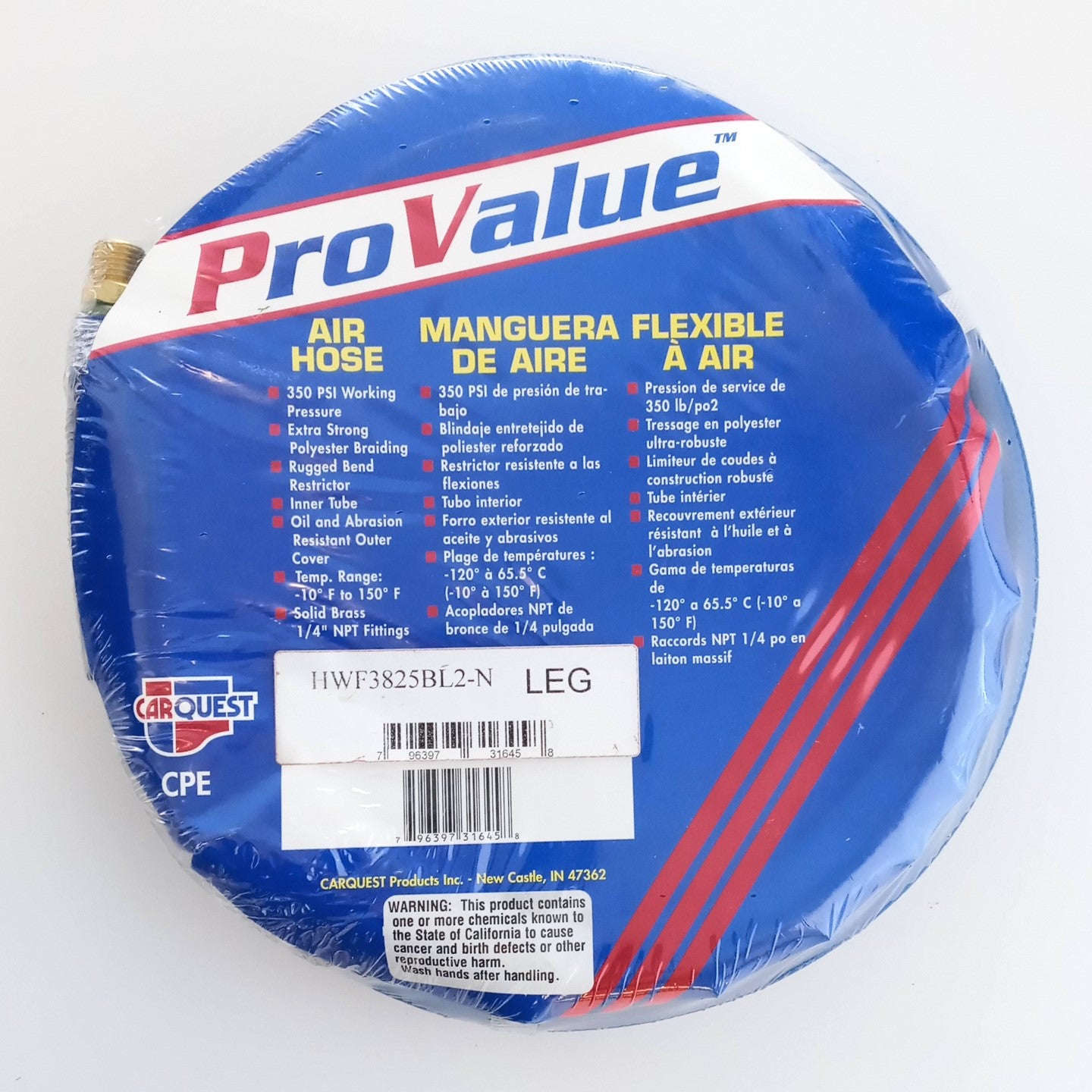 Pro Value HWF3825BL2-N 3/8" x 25 Foot Blue PVC Air Hose 1/4" Ends 350PSI Working