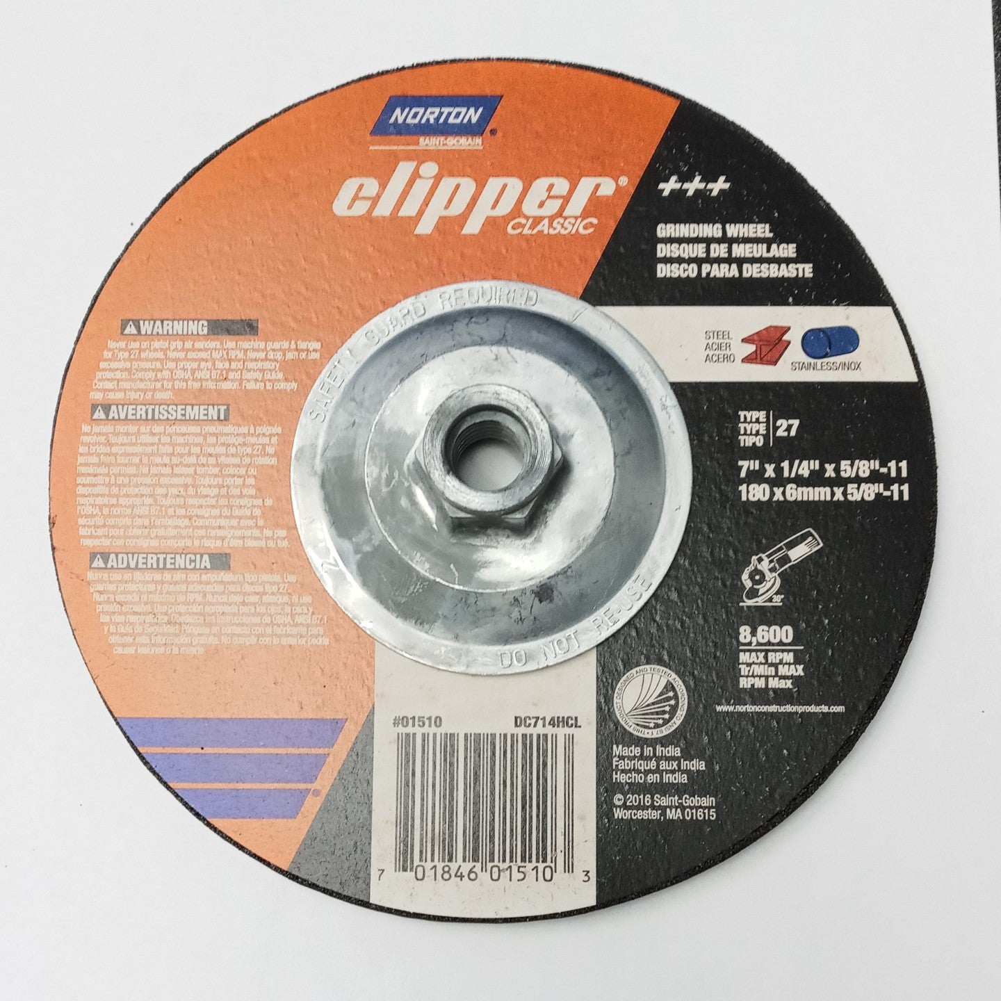 Norton Clipper 7" x 1/4" x 5/8"-11 in. Stainless Grinding Wheel Type 5pcs 01510