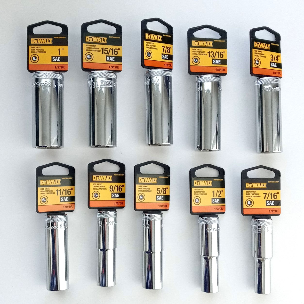 Dewalt DWMT889530SP 1/2" Drive Deep 10pc Socket Set 6pt. SAE 1" to 7/16"