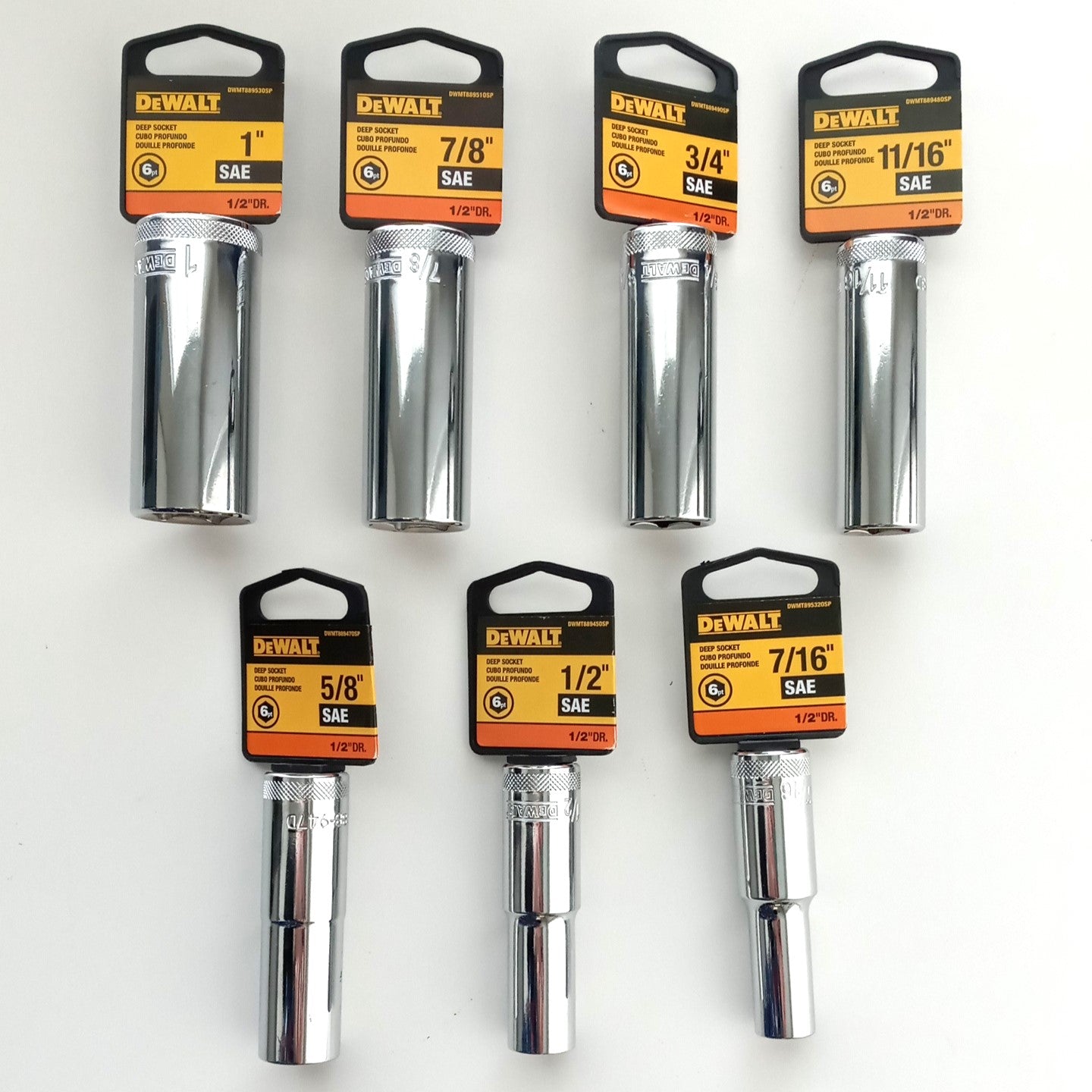 Dewalt DWMT889490SP 1/2" Drive Deep 7pc Socket Set 6pt. SAE 1" to 7/16"