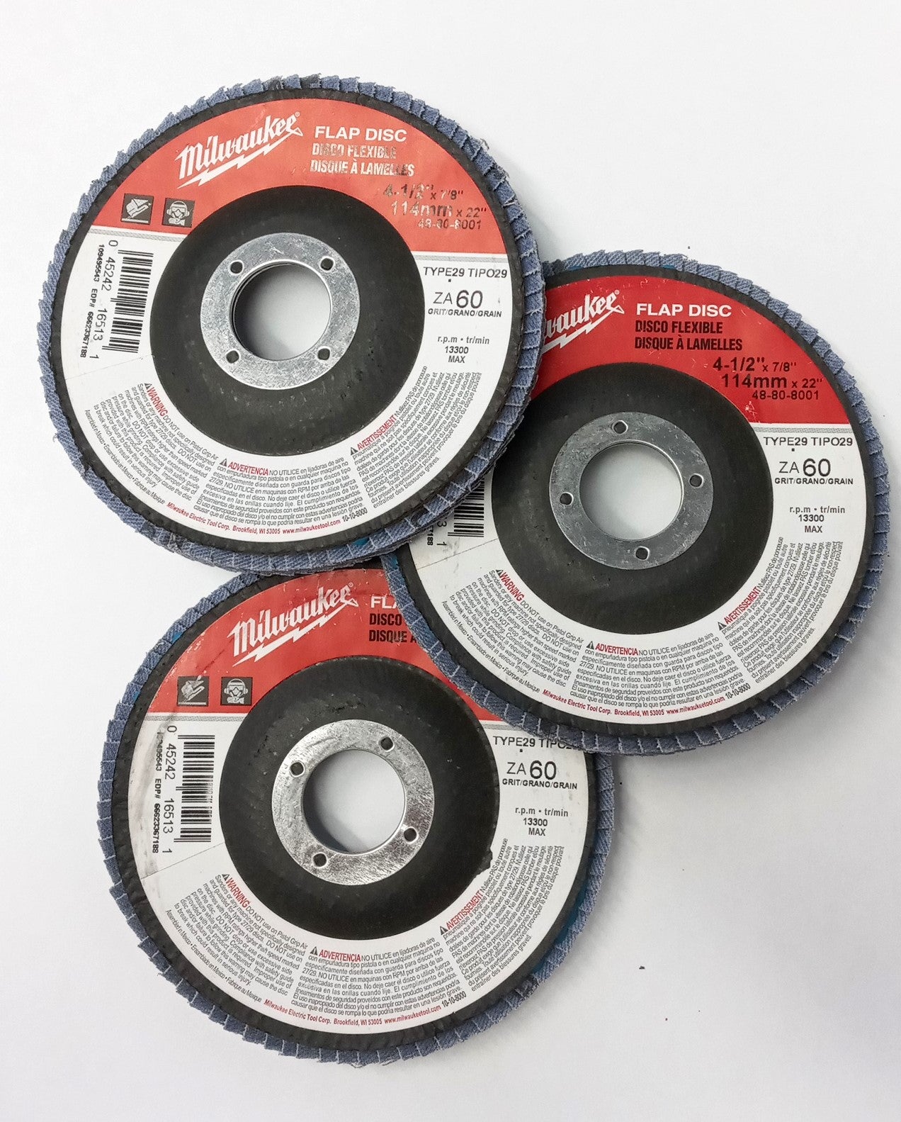 Milwaukee 48-80-8001 Flap Disc 4-1/2" x 7/8" Type 29 60-Grit 3pcs