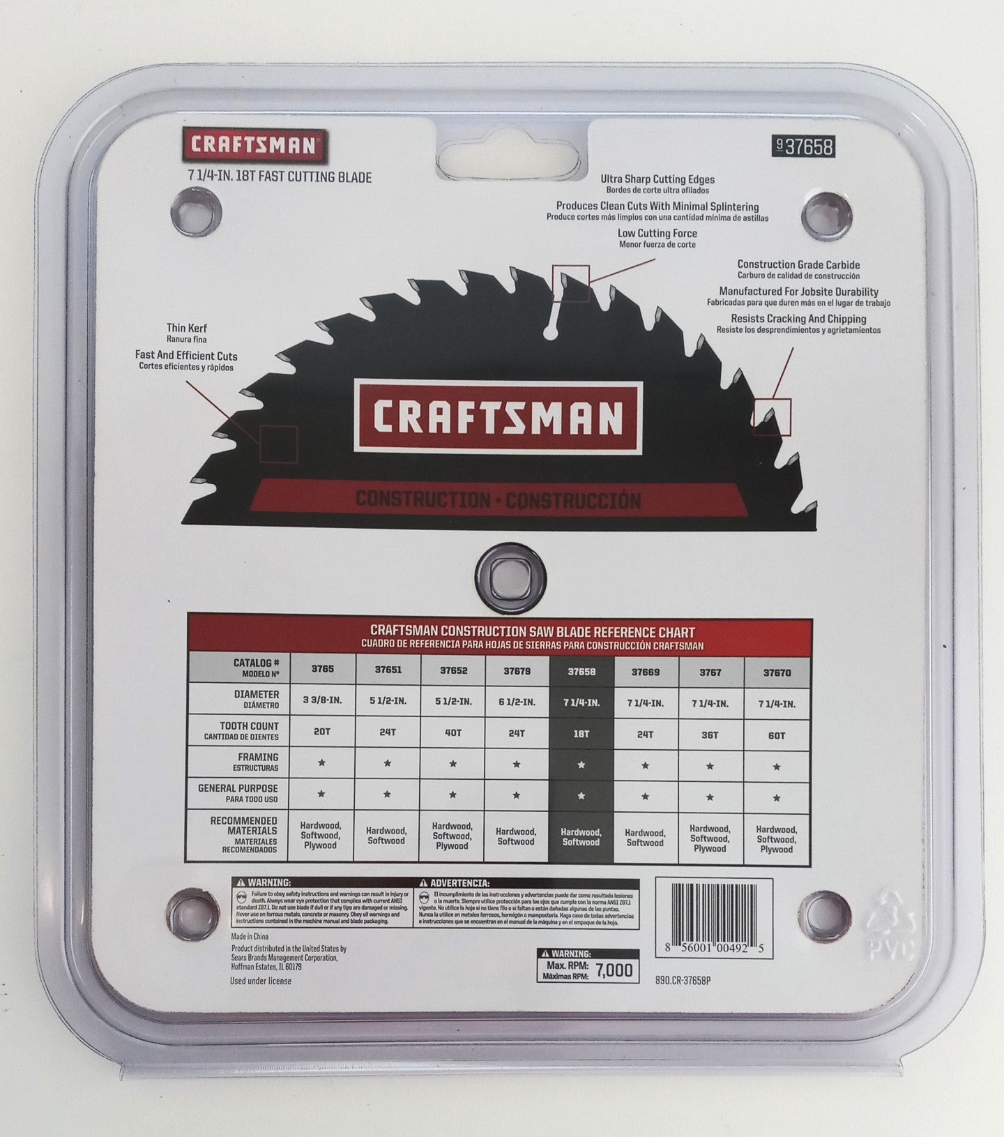 Craftsman 37658 7 1/4" x 18 Tooth Carbide Tooth Saw Blade