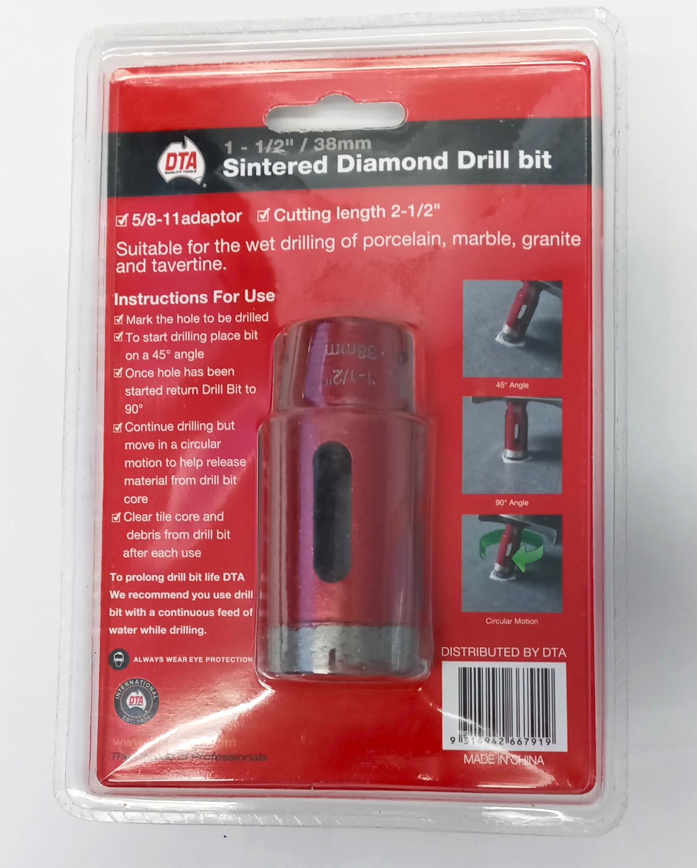 DTA 3322 1-1/2" Sintered Diamond Wet Core Drill Bit
