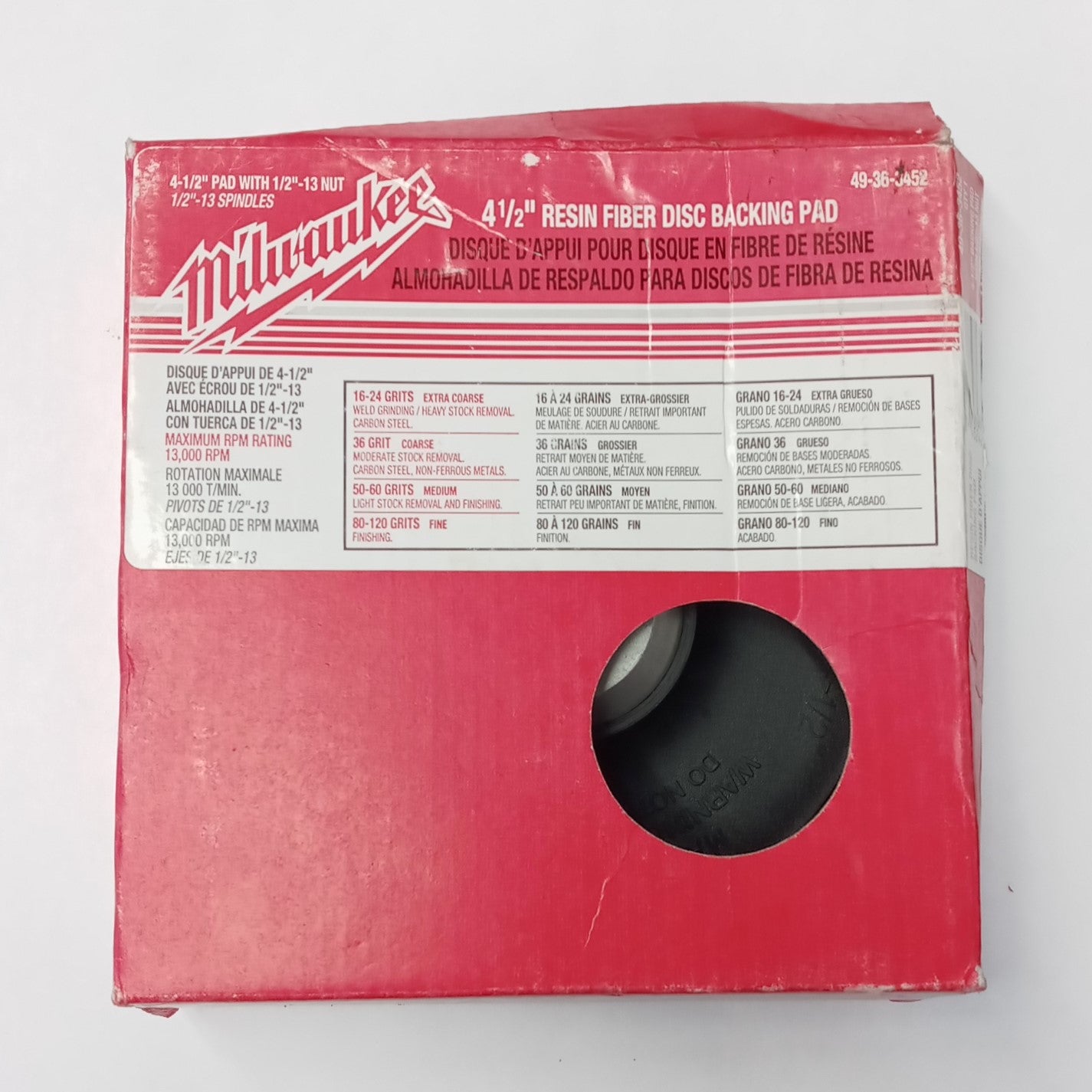 Milwaukee 49-36-3452 Resin Fiber Disk Backing Pad 4-1/2" (missing nut) USA #HW