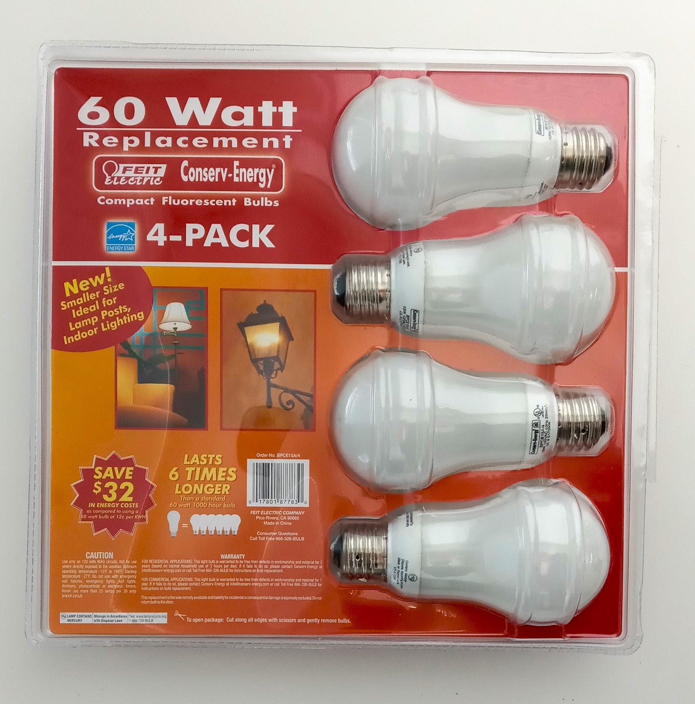 Feit Electric 877830 4-Pack Compact Florescent Bulbs, 800 Lumens, 15W