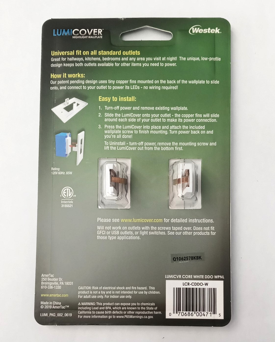 Westek LumiCover Nightlight Wallplate LCR-CDDO-W #HW