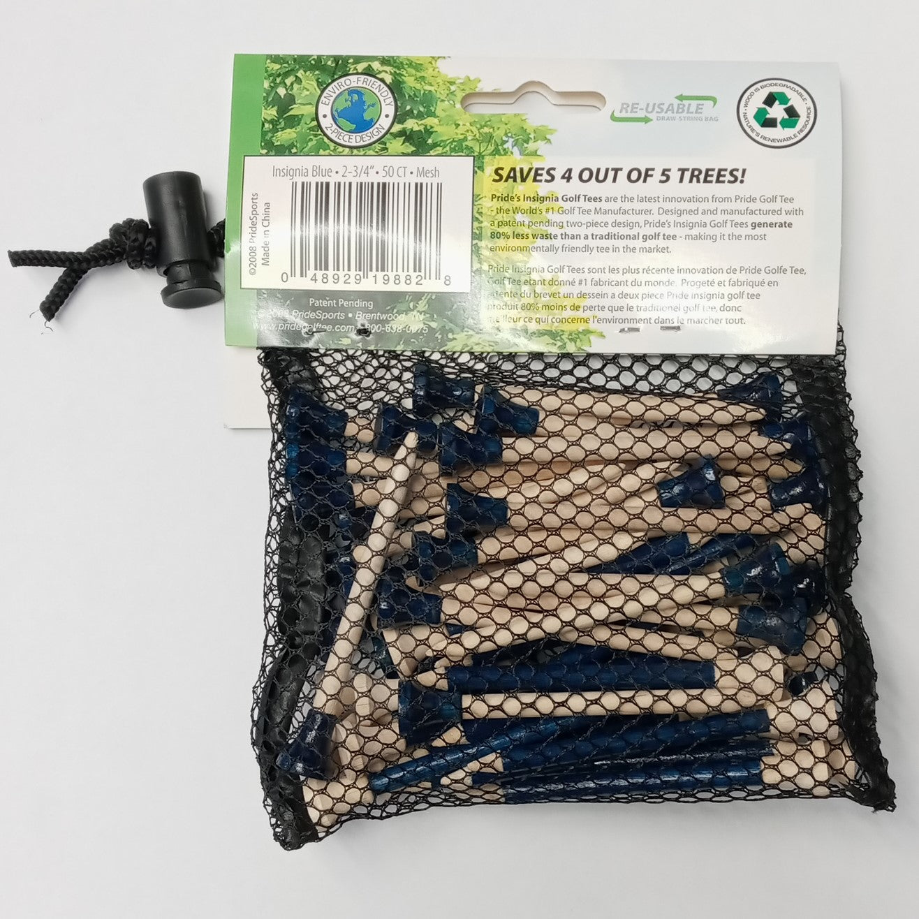 Pride 2345021 Golf Insignia Golf Tee 50pcs 2 3/4" Blue/Natural Drawstring Bag