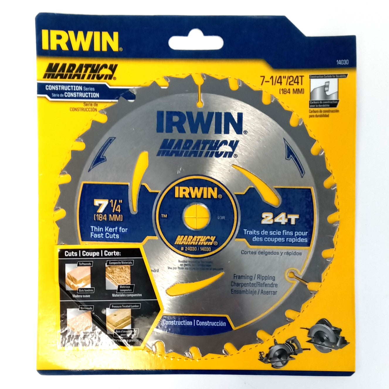 Irwin Carbide Circular Saw Blade 7-1/4" 24T Framing with Power Bit 24030 #R09