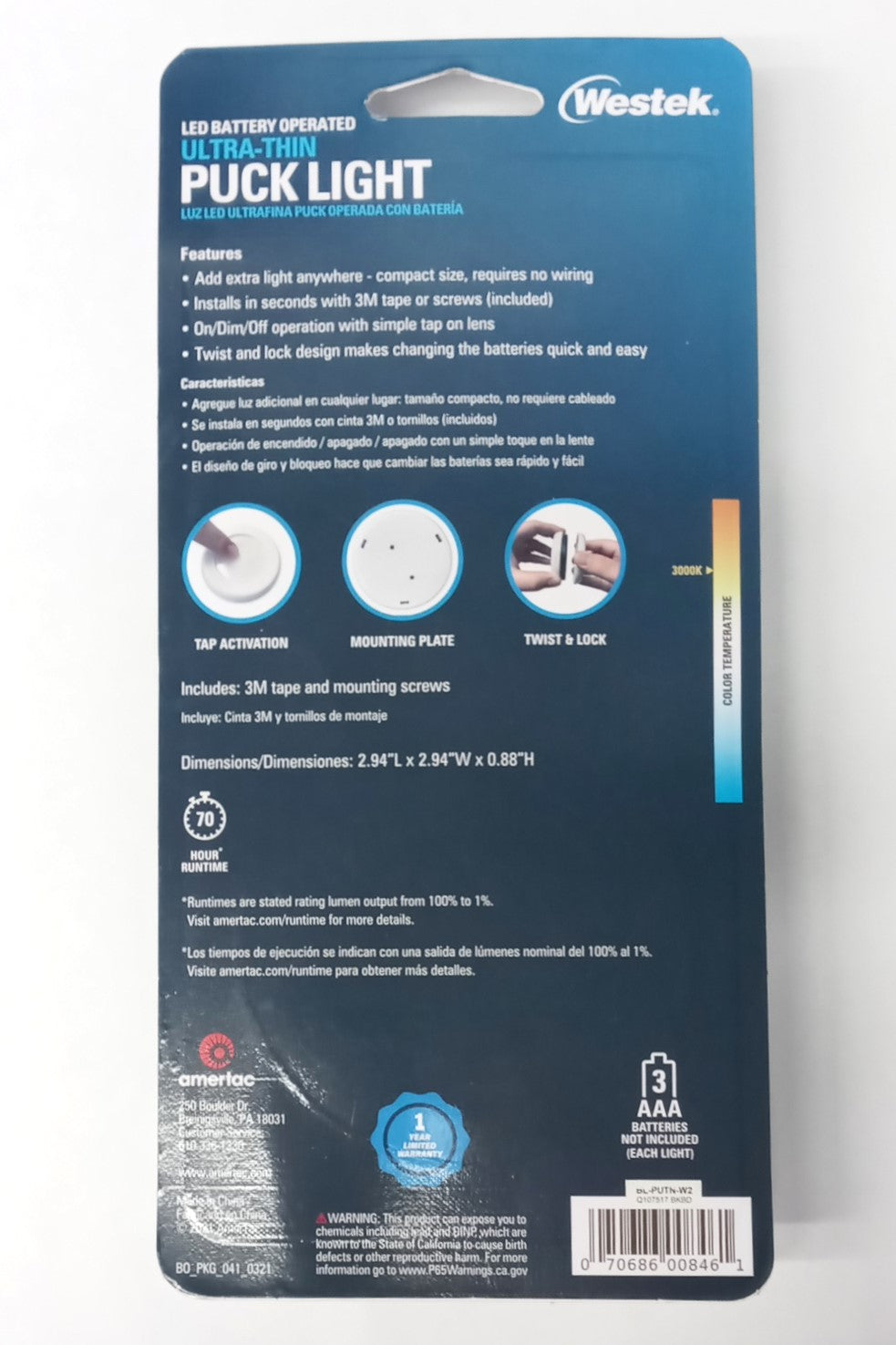 Westek Ultra Thin Wireless LED Puck Light Battery Operated BL-PUTN-W2