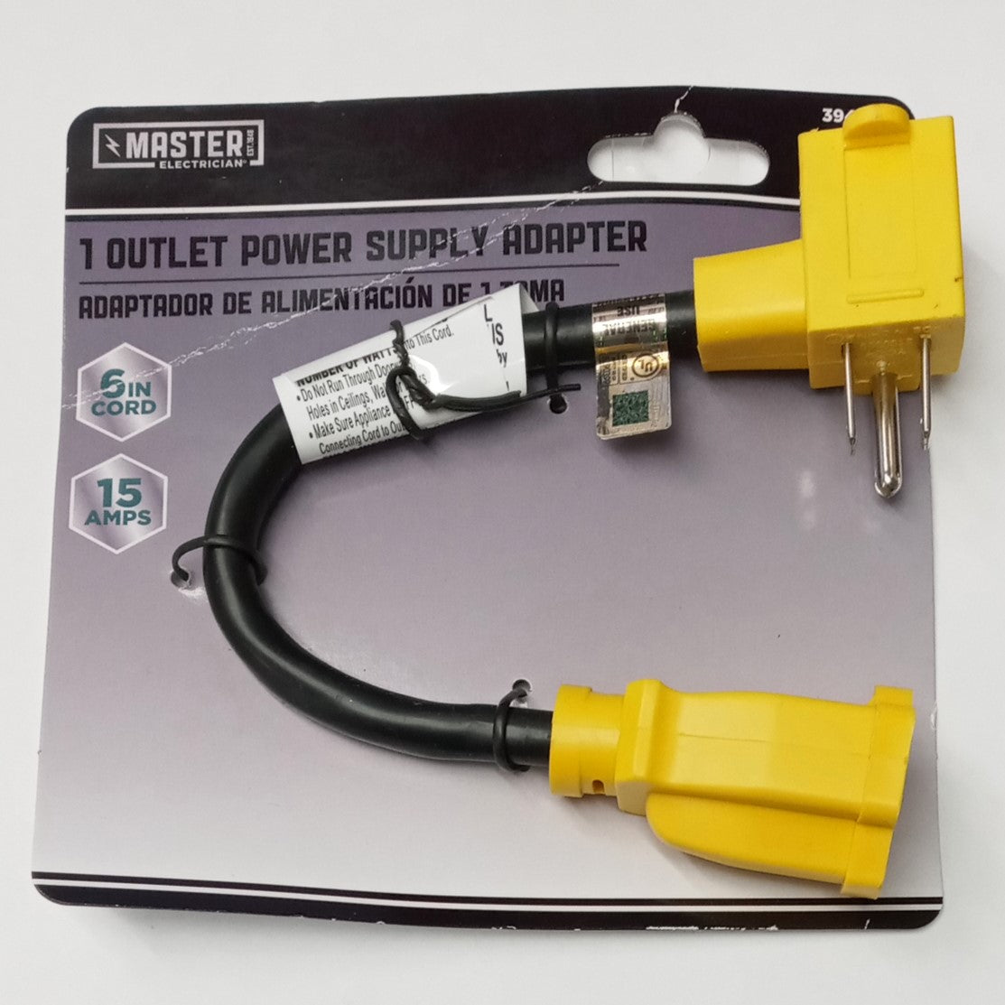 Master Electrician 1 Outlet Power Supply Adapter, 15AMPS 6" Cord 394455/KAB-3P