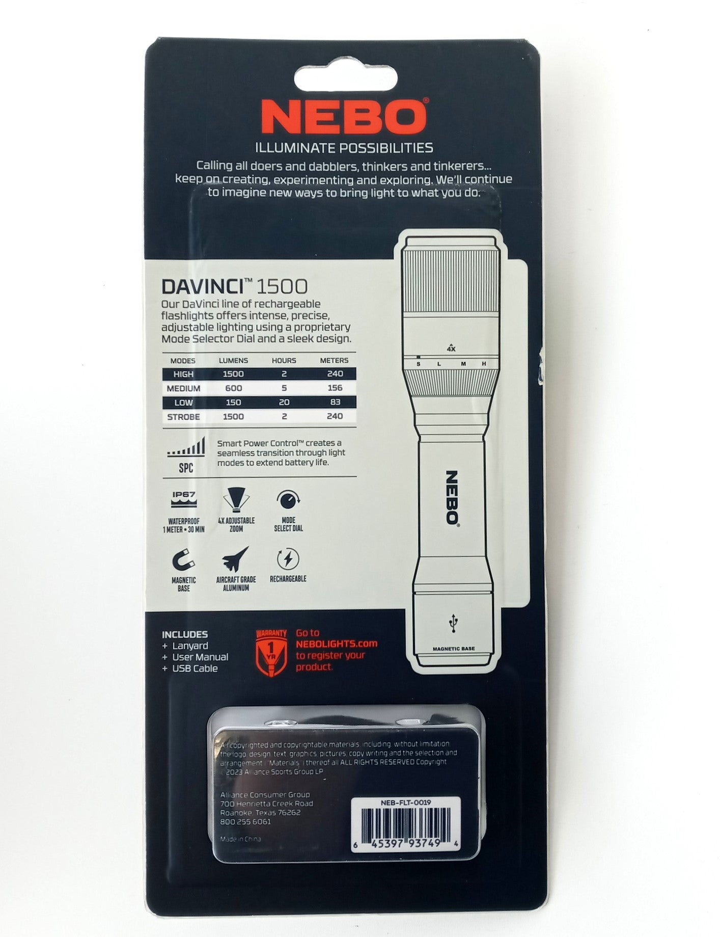 NEBO DAVINCI 1500 Rechargeable ALUMINUM Flashlight 1500 Lumens NEB-FLT-0019