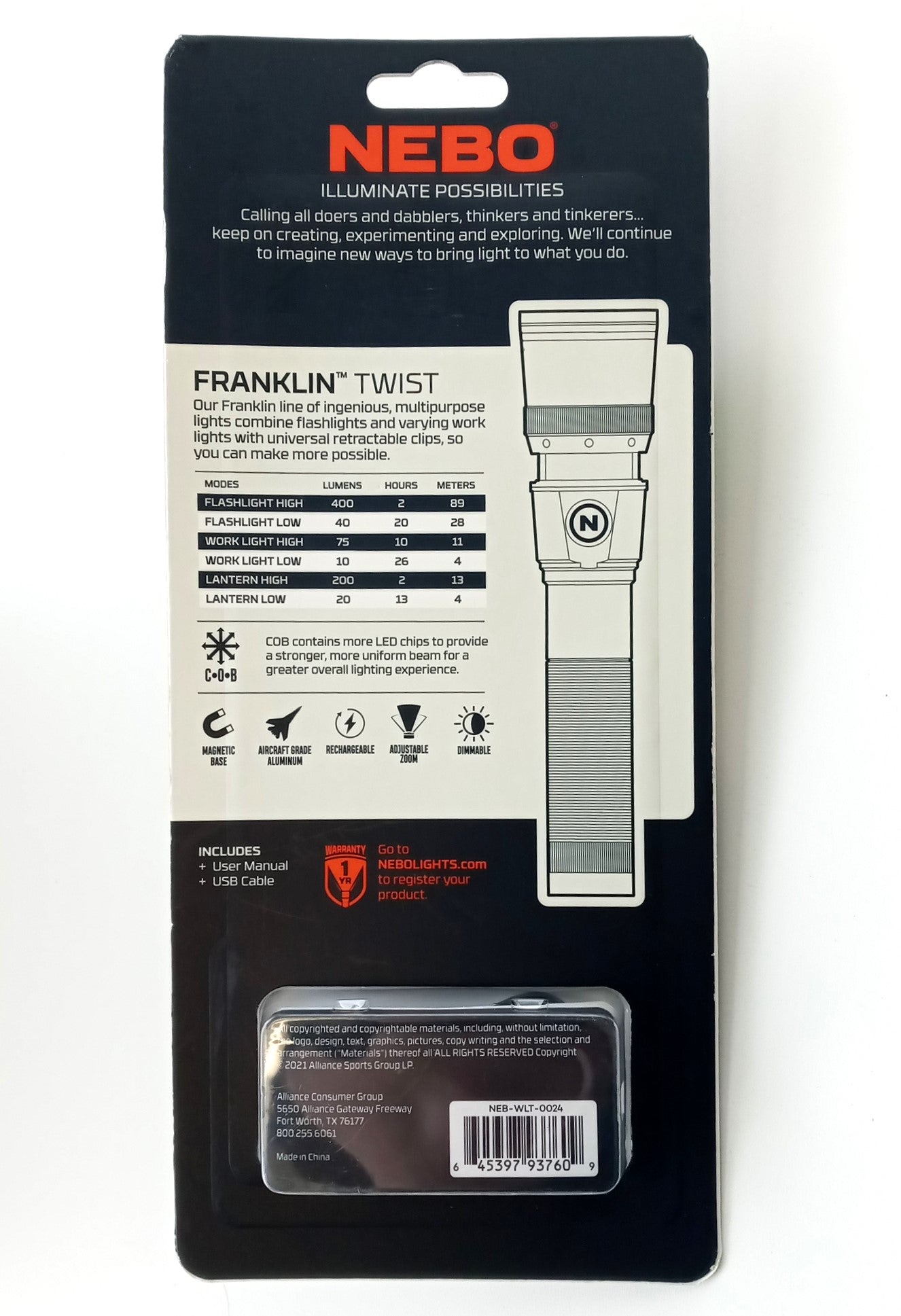 NEBO FRANKLIN TWIST Rechargeable ALUMINUM Flashlight 400 Lumen NEB-WLT-0024