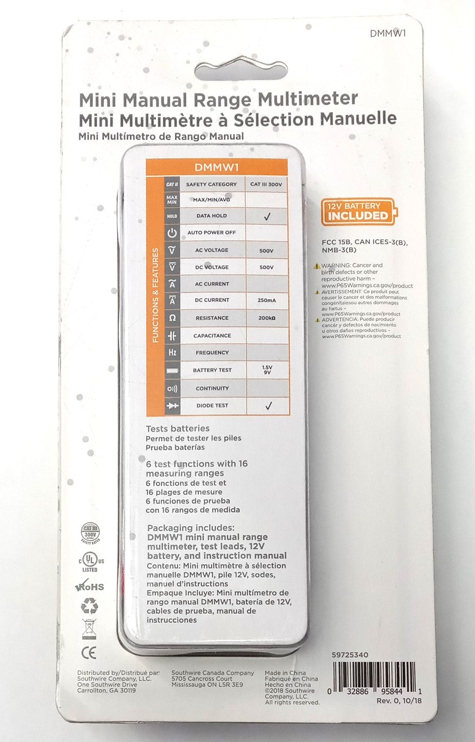 Woods DMMW1 Subcompact Digital Multimeter 500 AC/DC Volts CATlll 300V