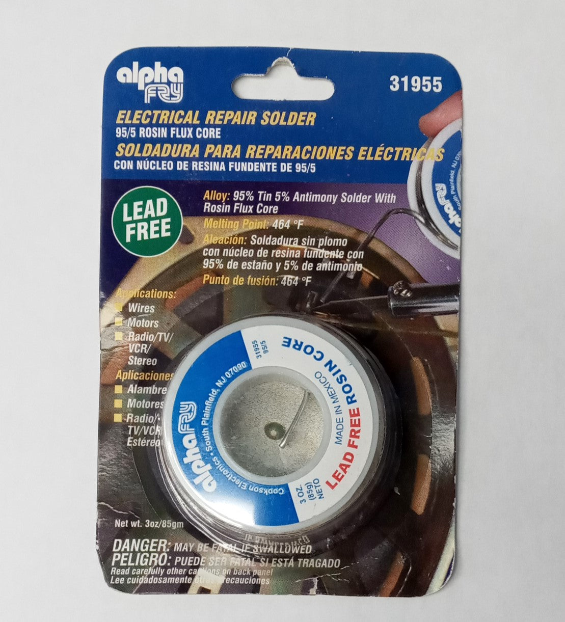 Alpha Fry 3oz Lead-Free Rosin Core Solder Wire 0.06in. D Tin/Antimony 95/5 31955