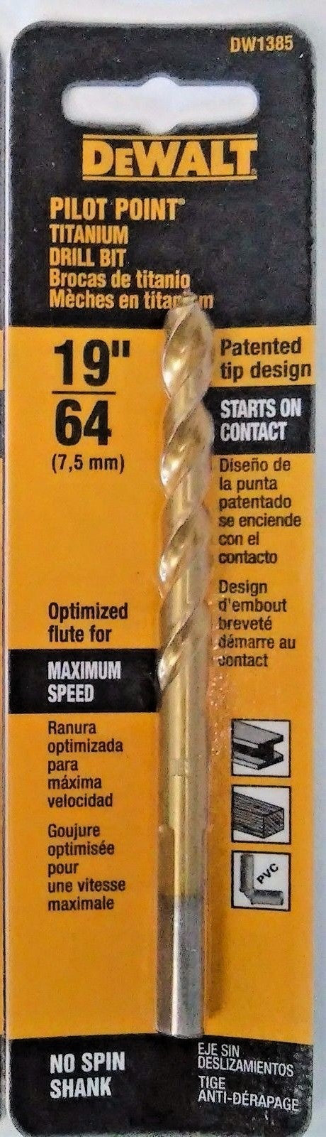 Dewalt DW1385 19/64" Titanium Pilot Point Drill Bit