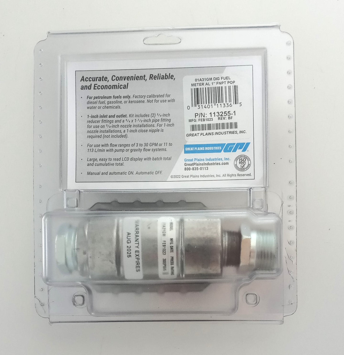 GPI 01A Series 3-30 GPM Digital In-Line Fuel Meter 01A31GM P/N 113255-1