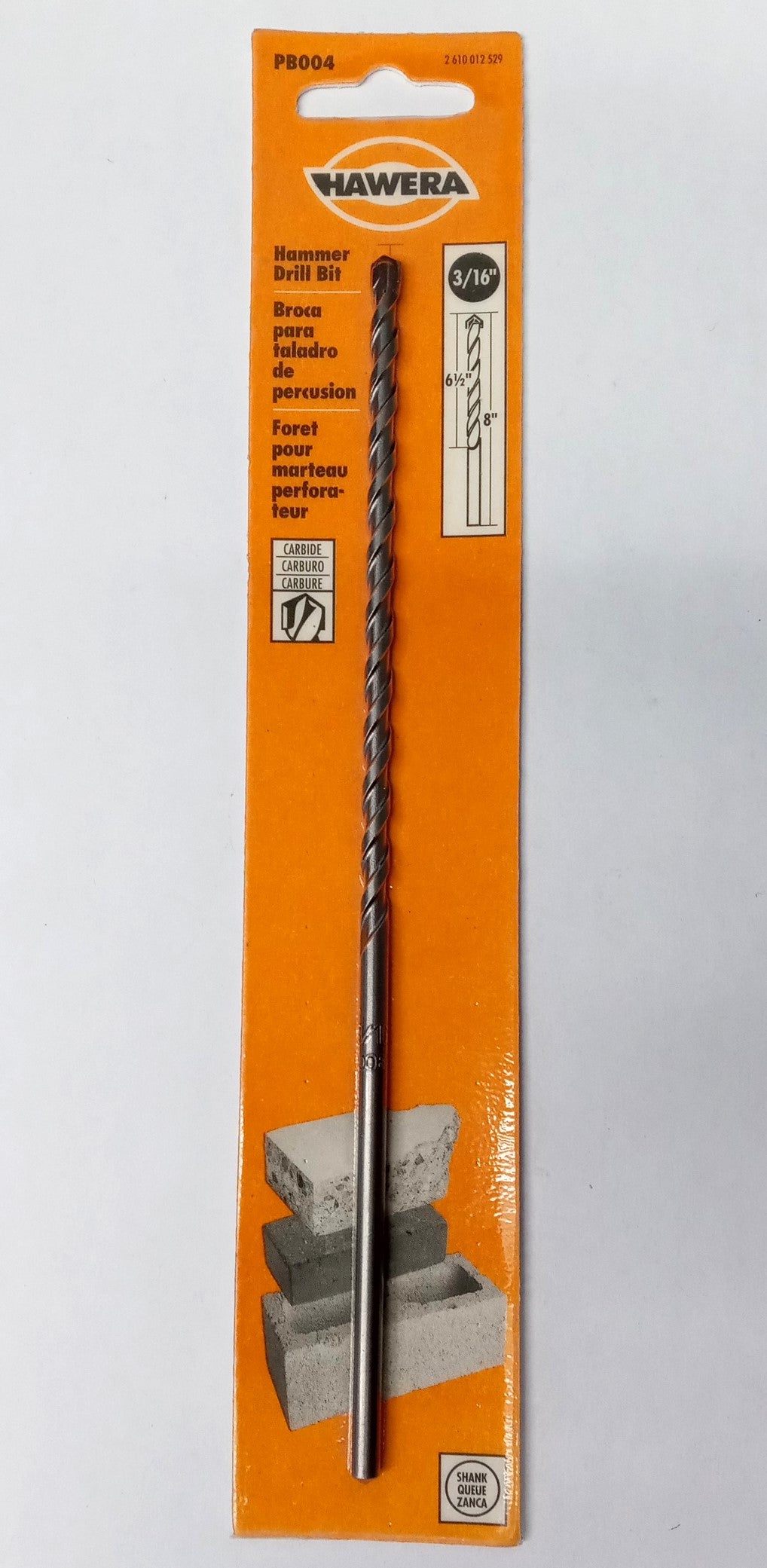 Hawera Straight Shank Carbide Hammer Drill Bit 3/16" x 6-1/2" x 8" PB004