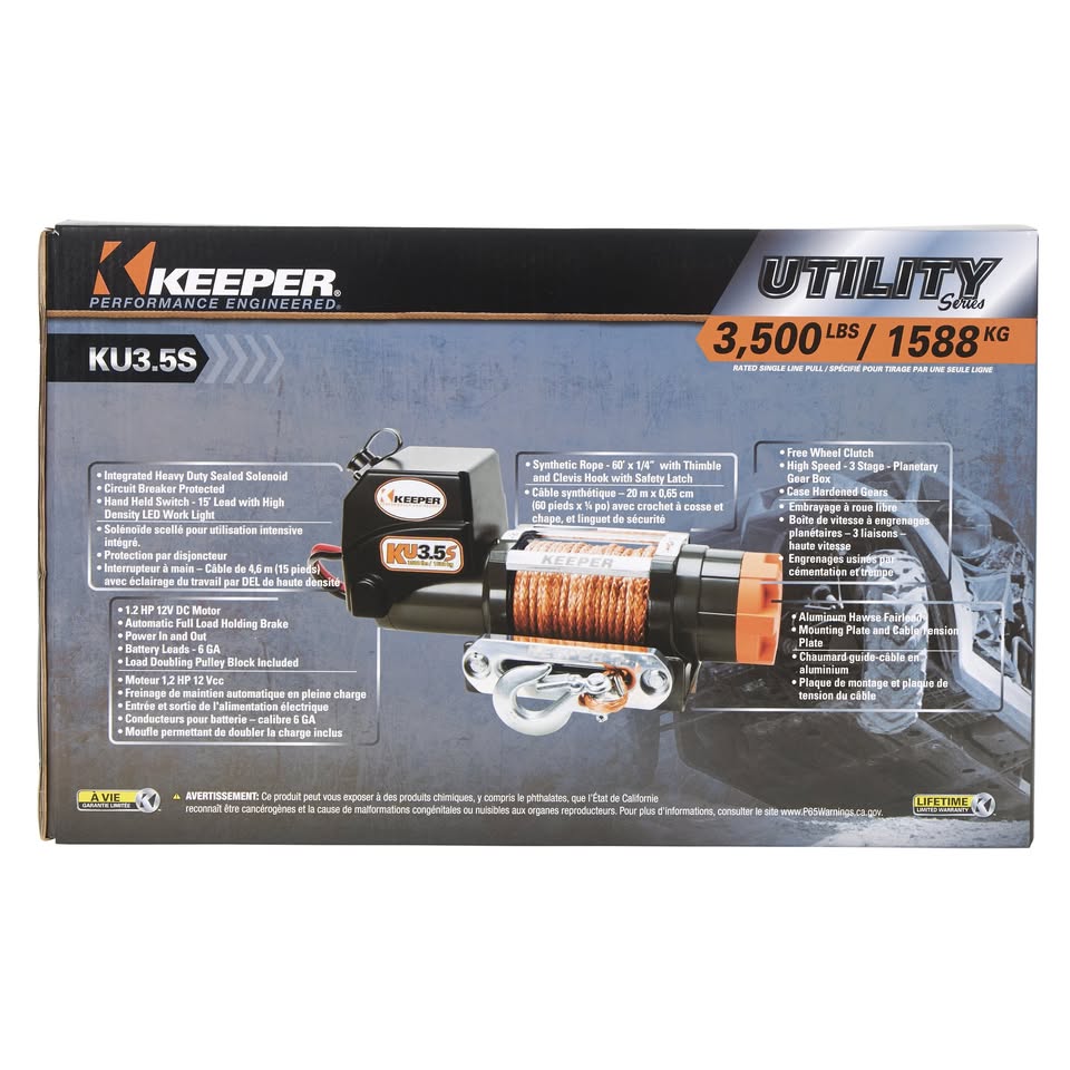 Keeper DC Powered Winch, Remote, Plate, 3500lb. Capacity, Volts 12, Model# KU35082-1
