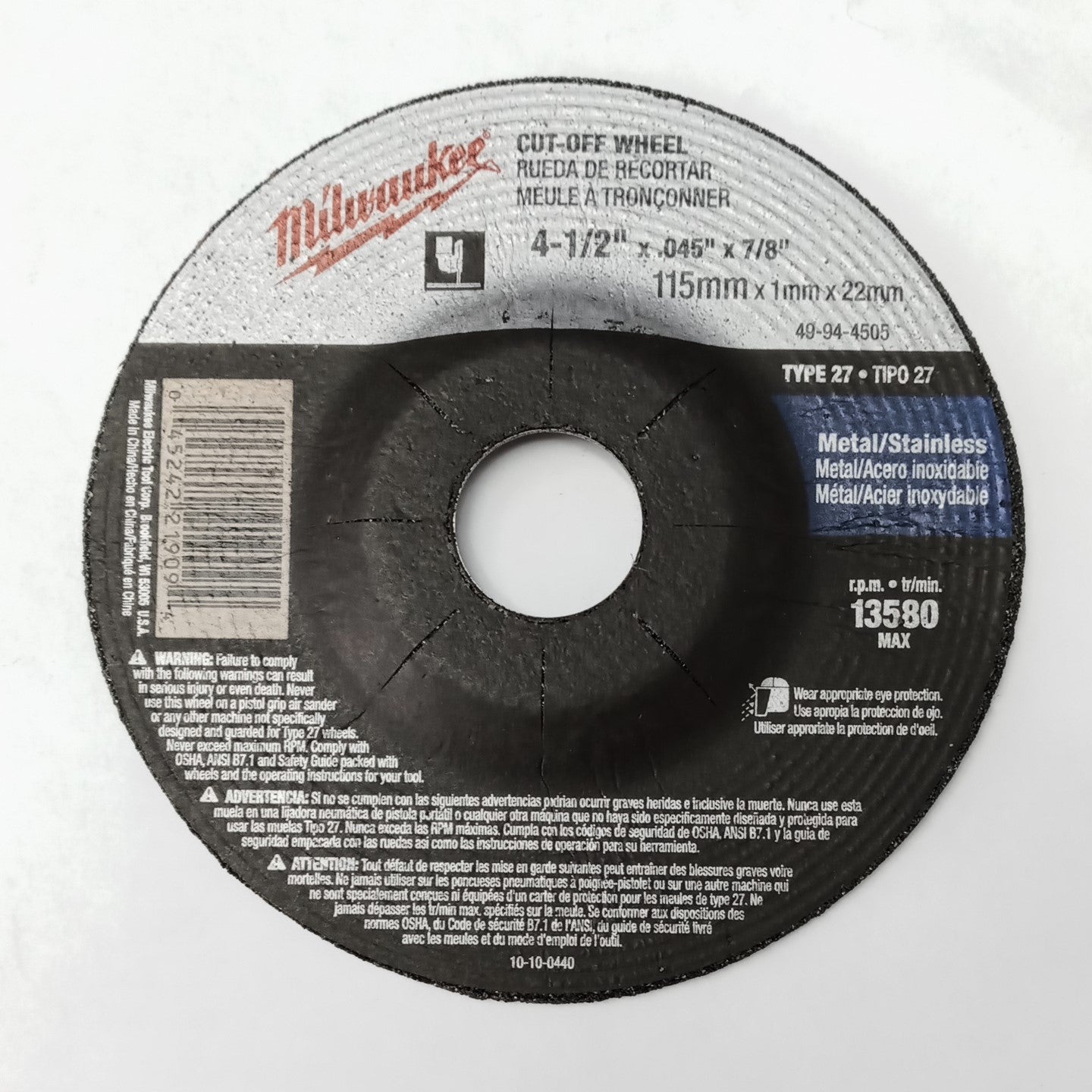 Milwaukee 49-94-4505 Type 27, Cut-Off Wheel, 4-1/2" x .045 x 7/8"