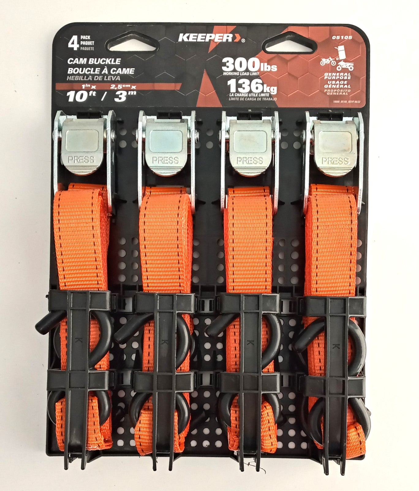 Keeper Tie-Down 1 in W 10 ft L Polyester Orange 300 lb, 4pk. S-Hook End Fitting 05105