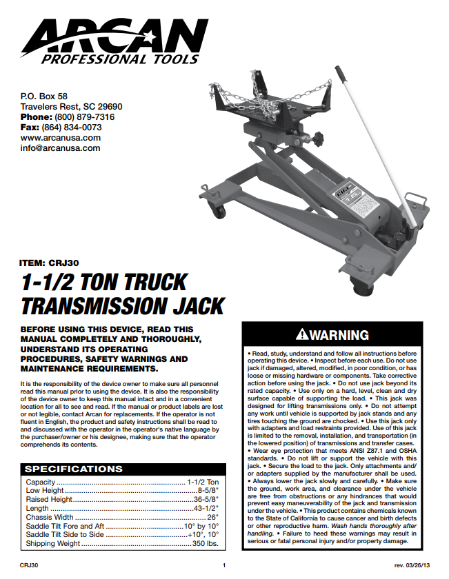 Arcan CRJ30 1-1/2-Ton Low Profile Truck Transmission Jack