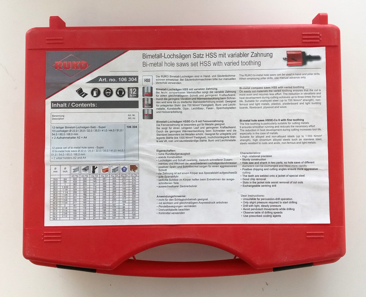 Ruko Hole Saw Kit, 12pcs, Sizes:22 mm-68 mm 106304 Germany