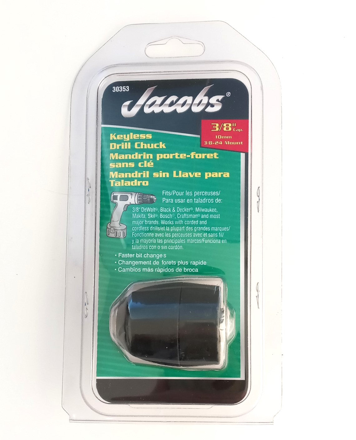 Jacobs Keyless Drill Chuck 3/8" 10mm 3/8-24 Mount 30353