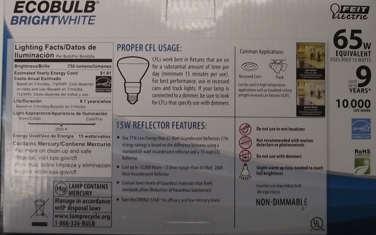 Feit ESL15BR30/BW/3 CFL Flood Light Bulbs 3-bulbs ECOBULB Bright White 65W