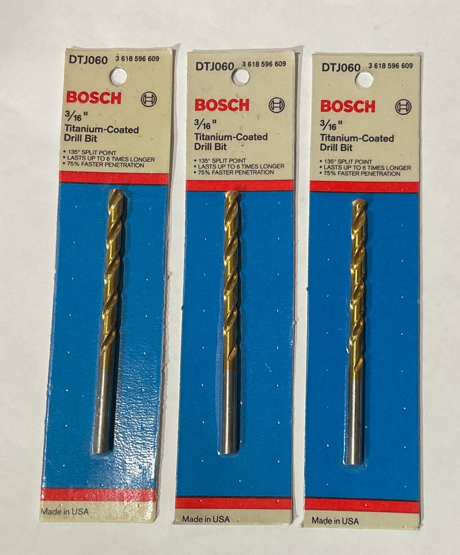 Bosch 3/16" x 3-1/2" Titanium-coated drill bit DTJ060 3pks USA
