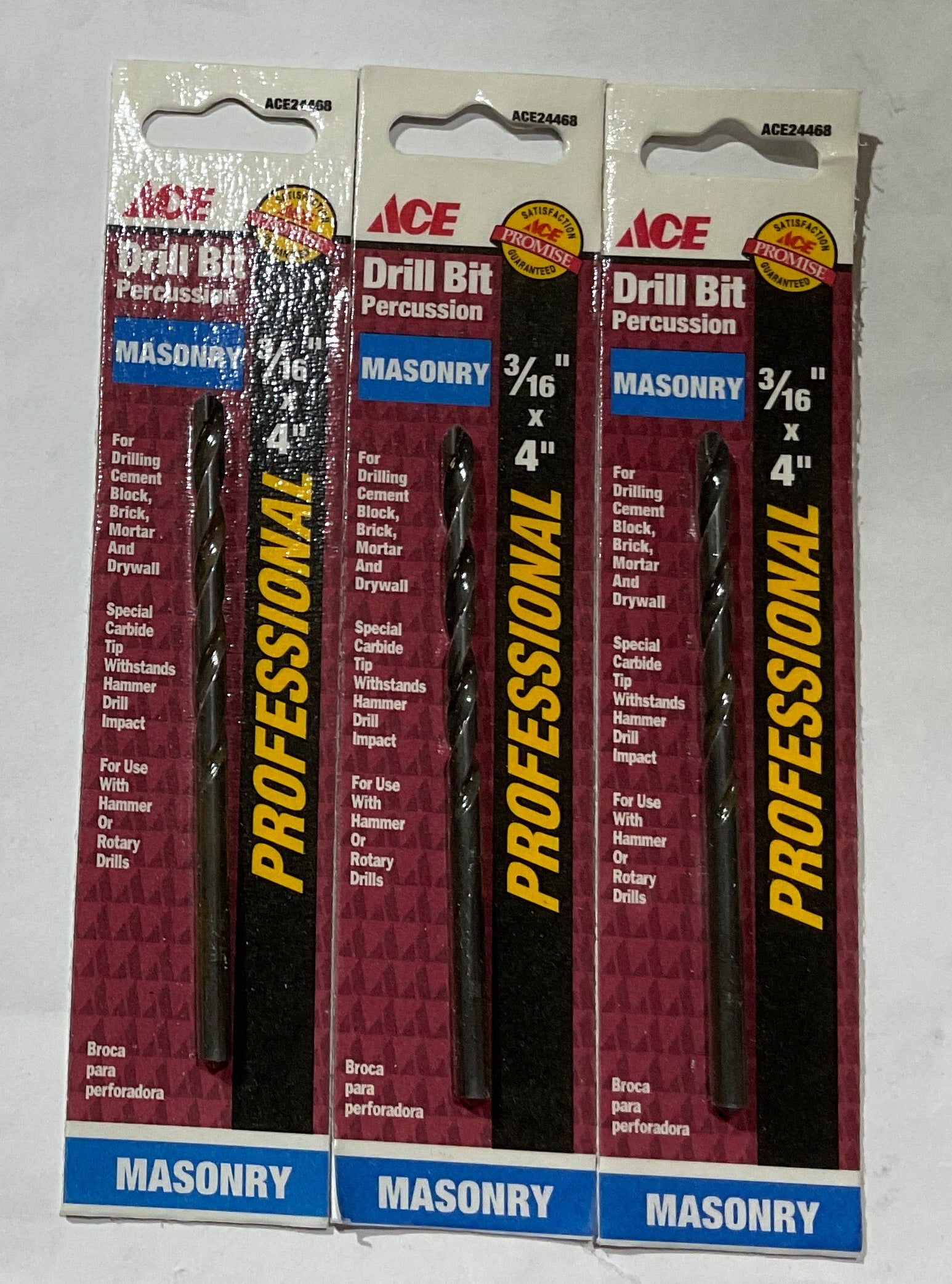 Ace ACE24468 3/16" x 4" Professional percussion masonry drill bit 3pks
