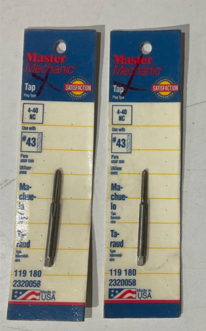 Master Mechanic 119 180 4-40 NC Plug Tap USA 2pks