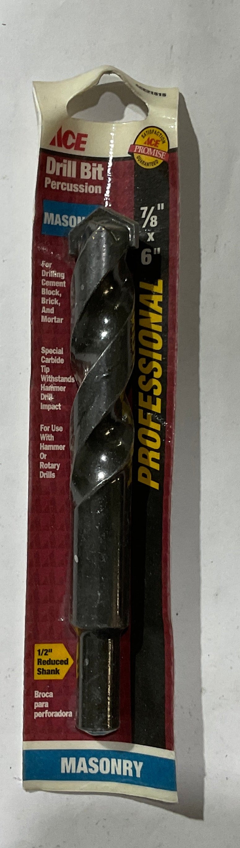 Ace ACE21515 7/8" x 6" Masonry Percussion 1/2" reduced shank Carbide tipped drill bit