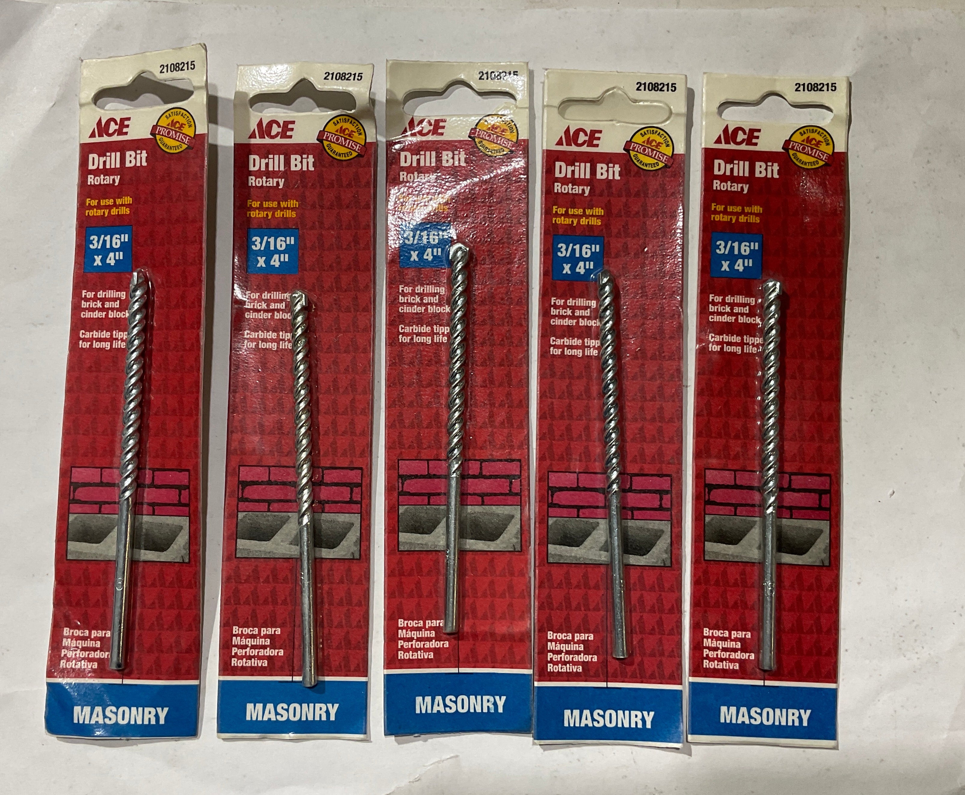 Ace 2108215 3/16" x 4" Carbide tipped Masonry rotary drill bit 5pks