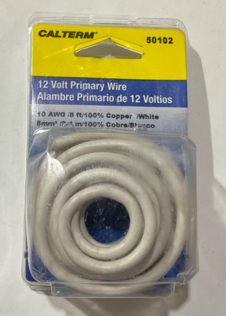 Calterm 12V, 10 AWG 8' White Primary Wire 50102 USA
