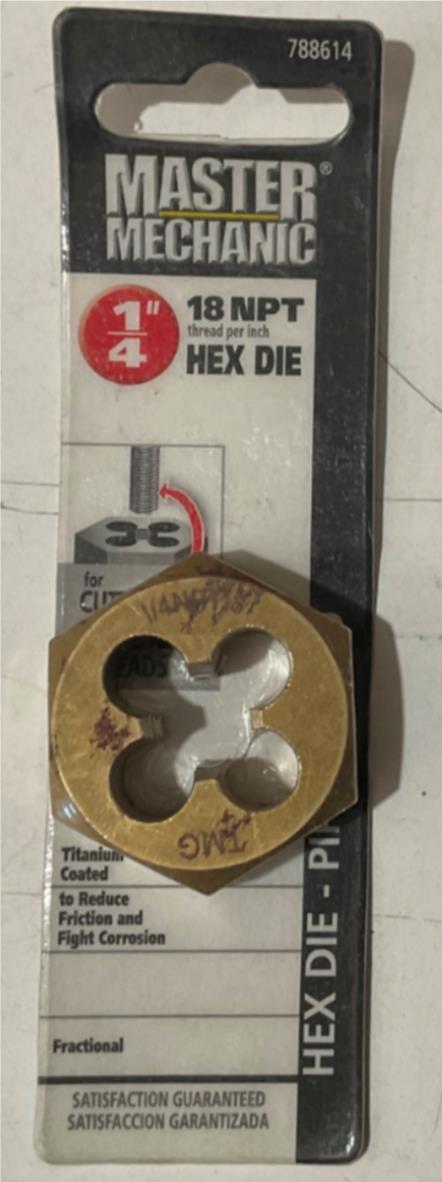 Master Mechanic 788614 1/4" 18 NPT Titanium coated Hex Die-Pipe Thread