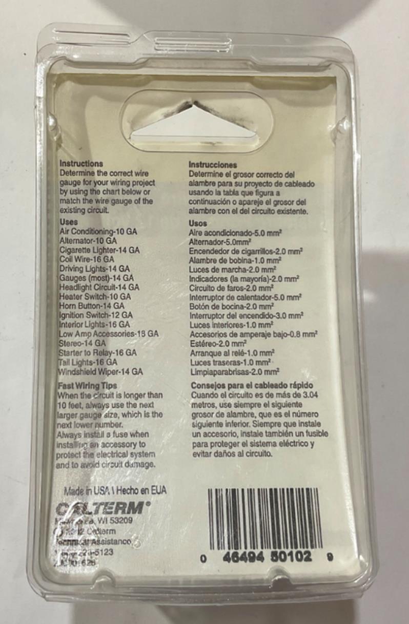 Calterm 12V, 10 AWG 8' White Primary Wire 50102 USA