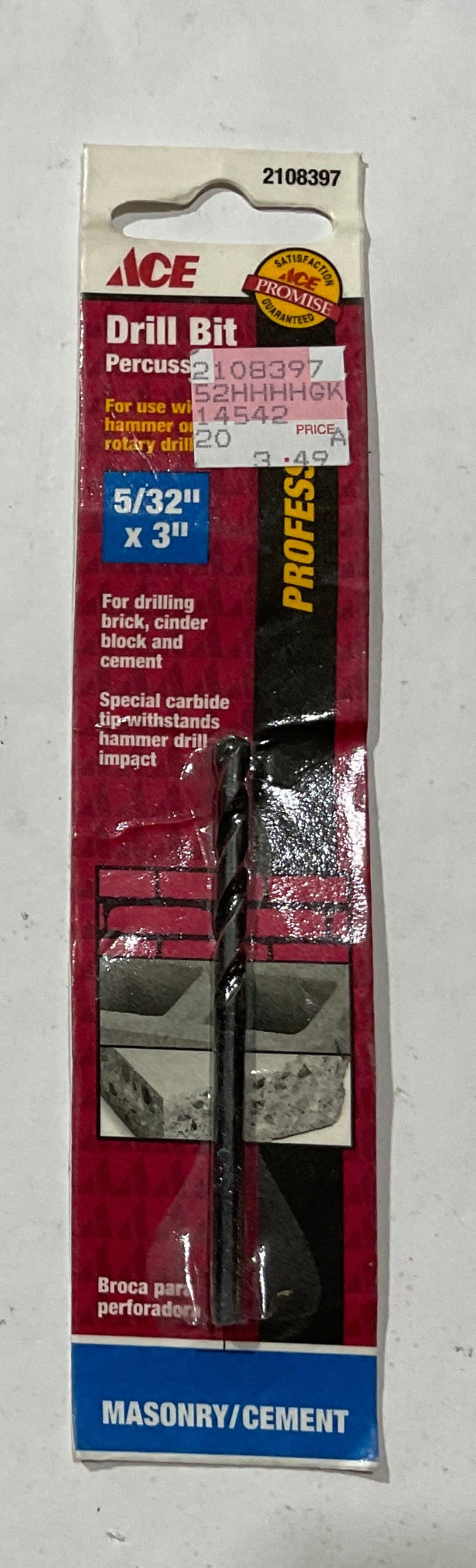 Ace 2108397 5/32" x 3" Carbide tipped Masonry percussion drill bit #23