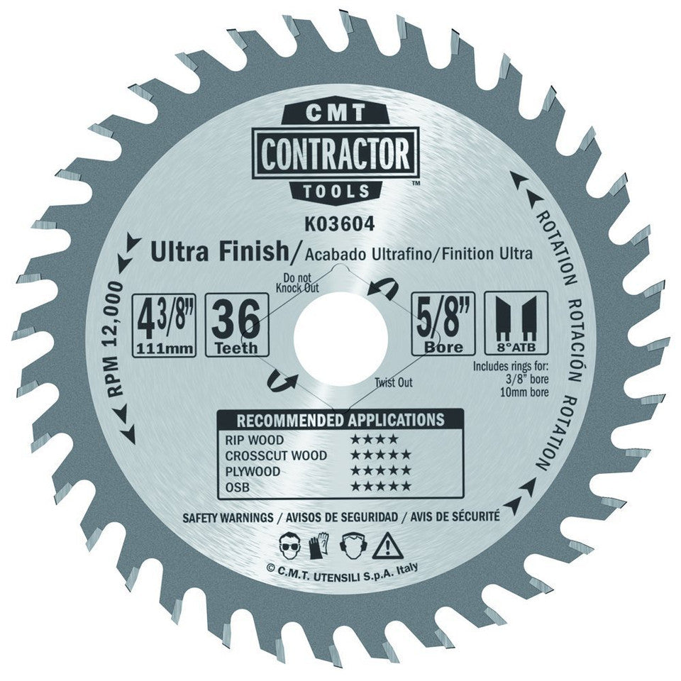 CMT Contractor Ultra Finish Saw Blade, 4-3/8 X 36 Teeth, 8° ATB K03604 Italy