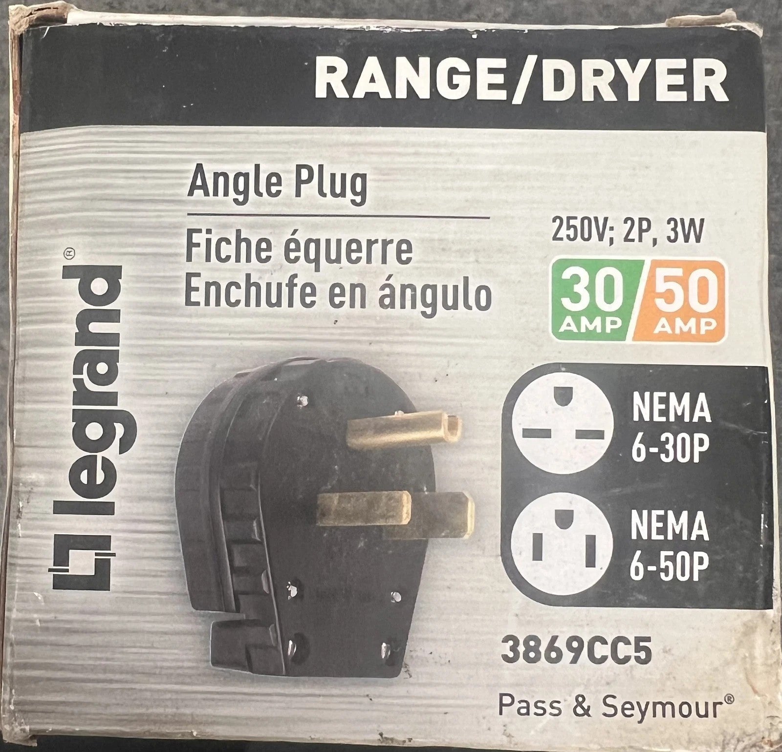 Legrand Range/Dryer Plug 3869CC5 30amp/50amp Angle Plug 250V;2p,3w