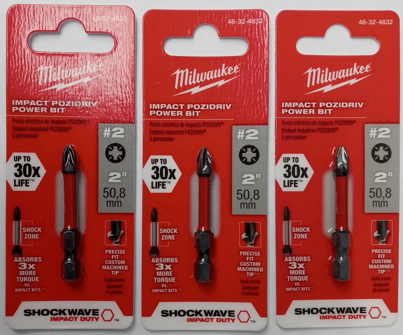 Milwaukee Impact #2 Pozidriv Power Bits Shockwave 3pcs 48-32-4832