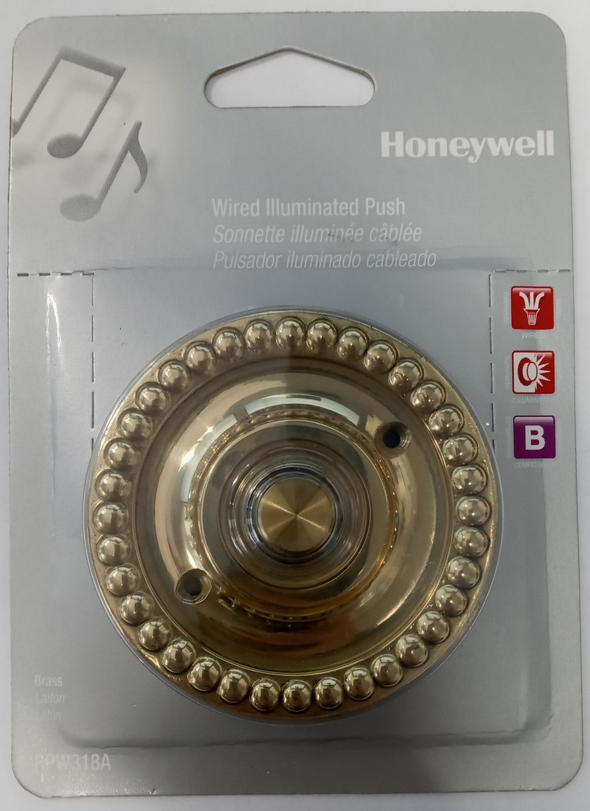 Honeywell RPW318A Wired Illuminated Brass Door Bell Push Button
