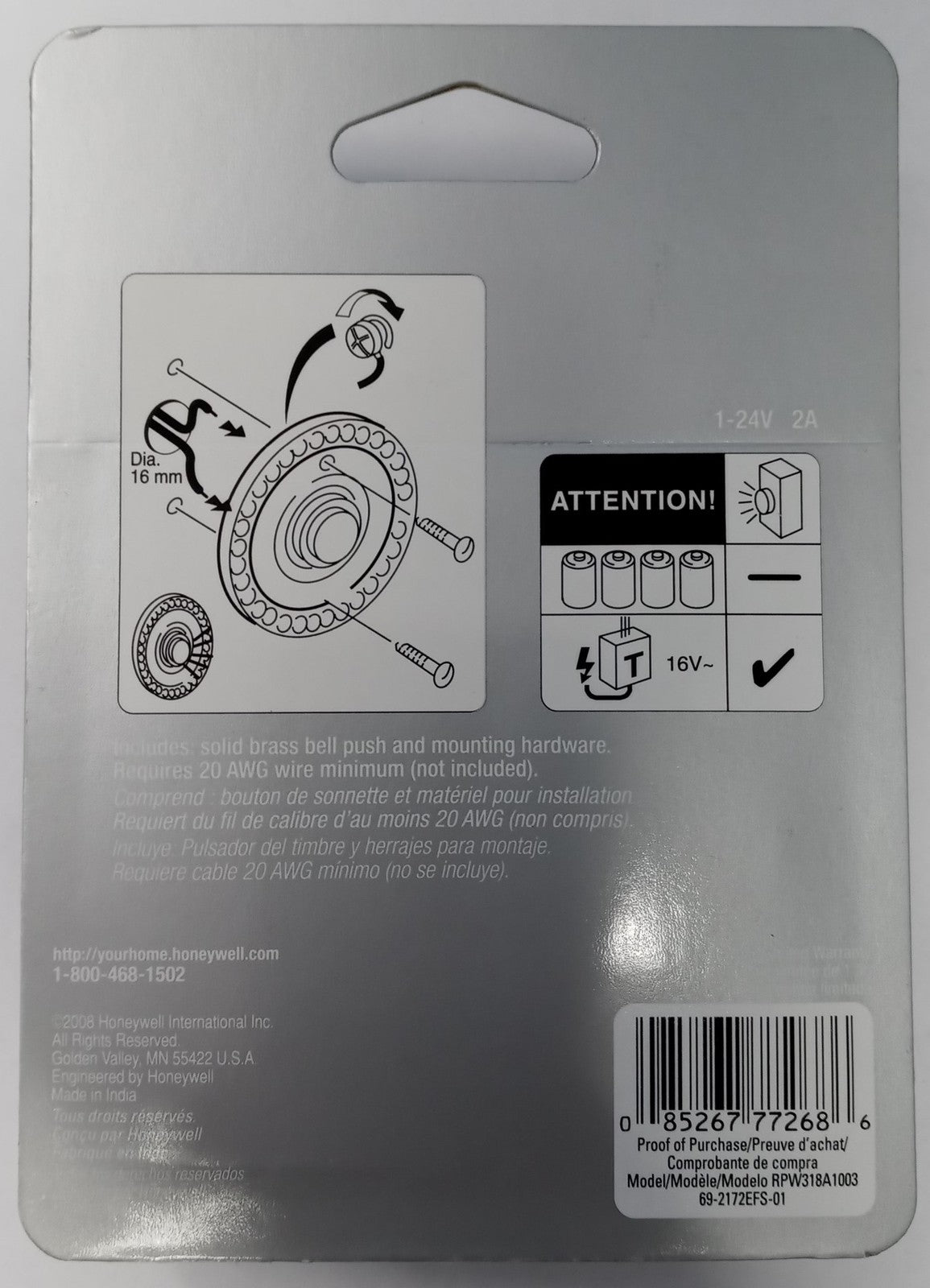 Honeywell RPW318A Wired Illuminated Brass Door Bell Push Button