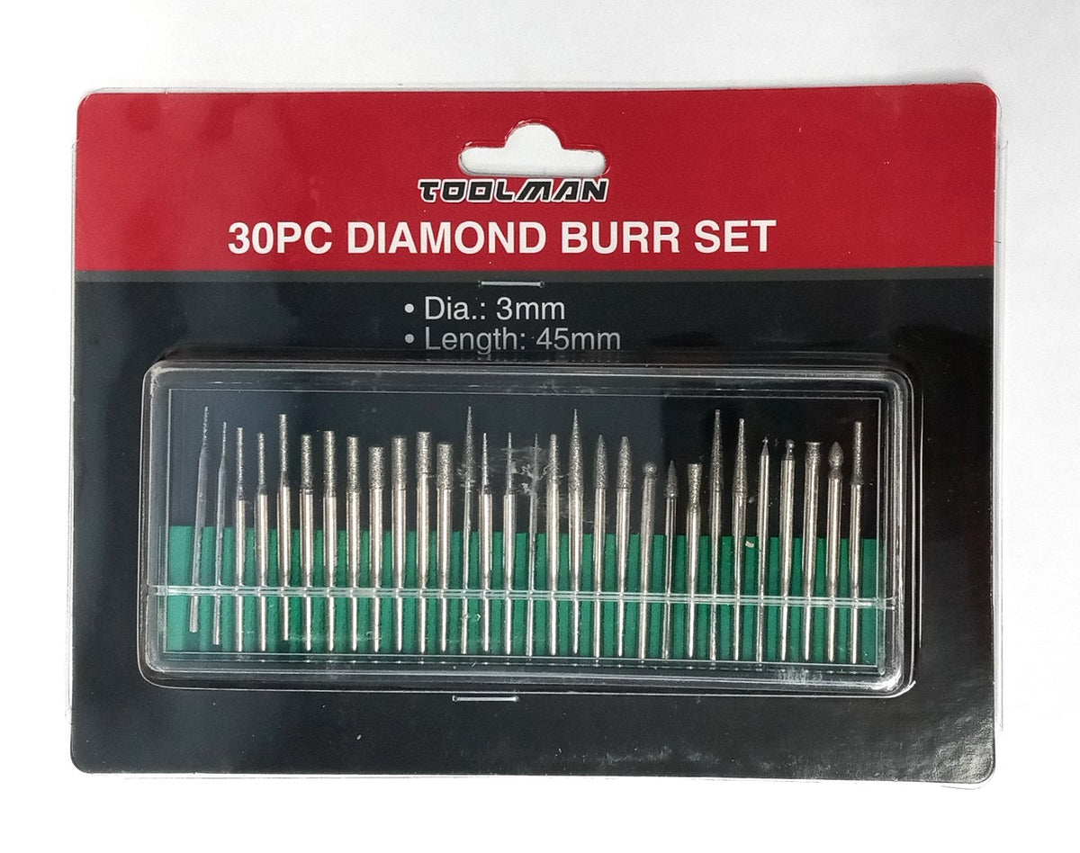 Toolman 30 Piece Diamond Burr Set ~ 3mm 45mm Length QTH017