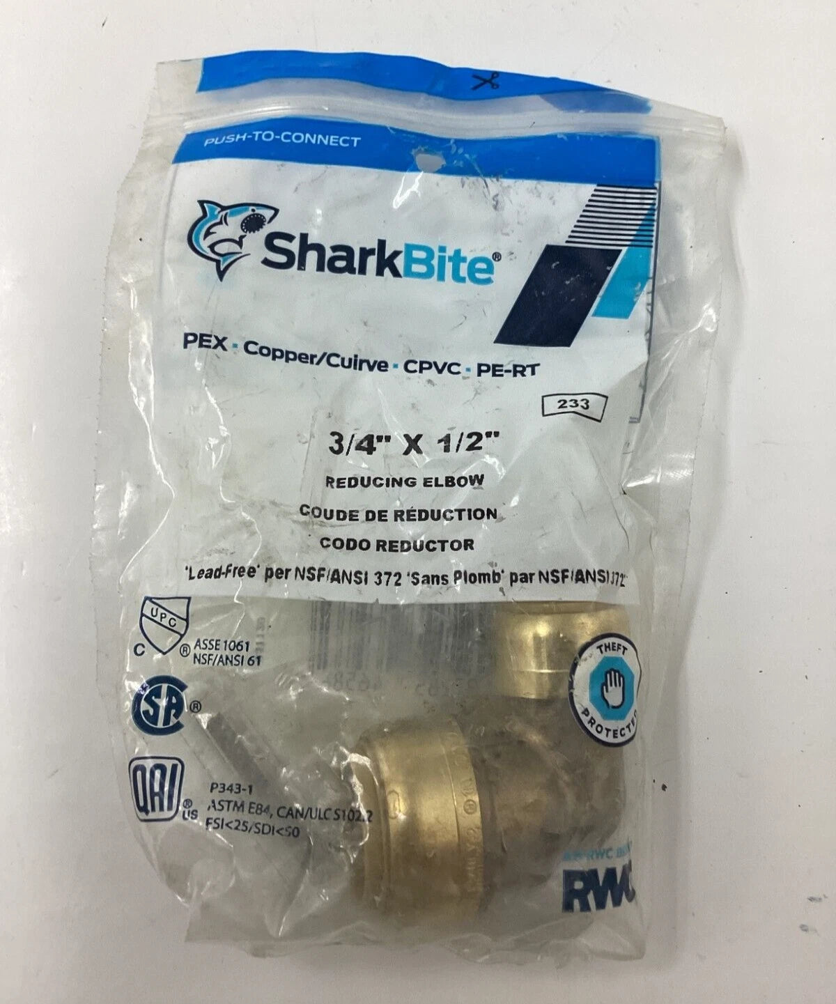 SharkBite Reducing Pipe Elbow, 3/4 x 1/2 in Angle Brass 200 PSI Pressure U274LFA