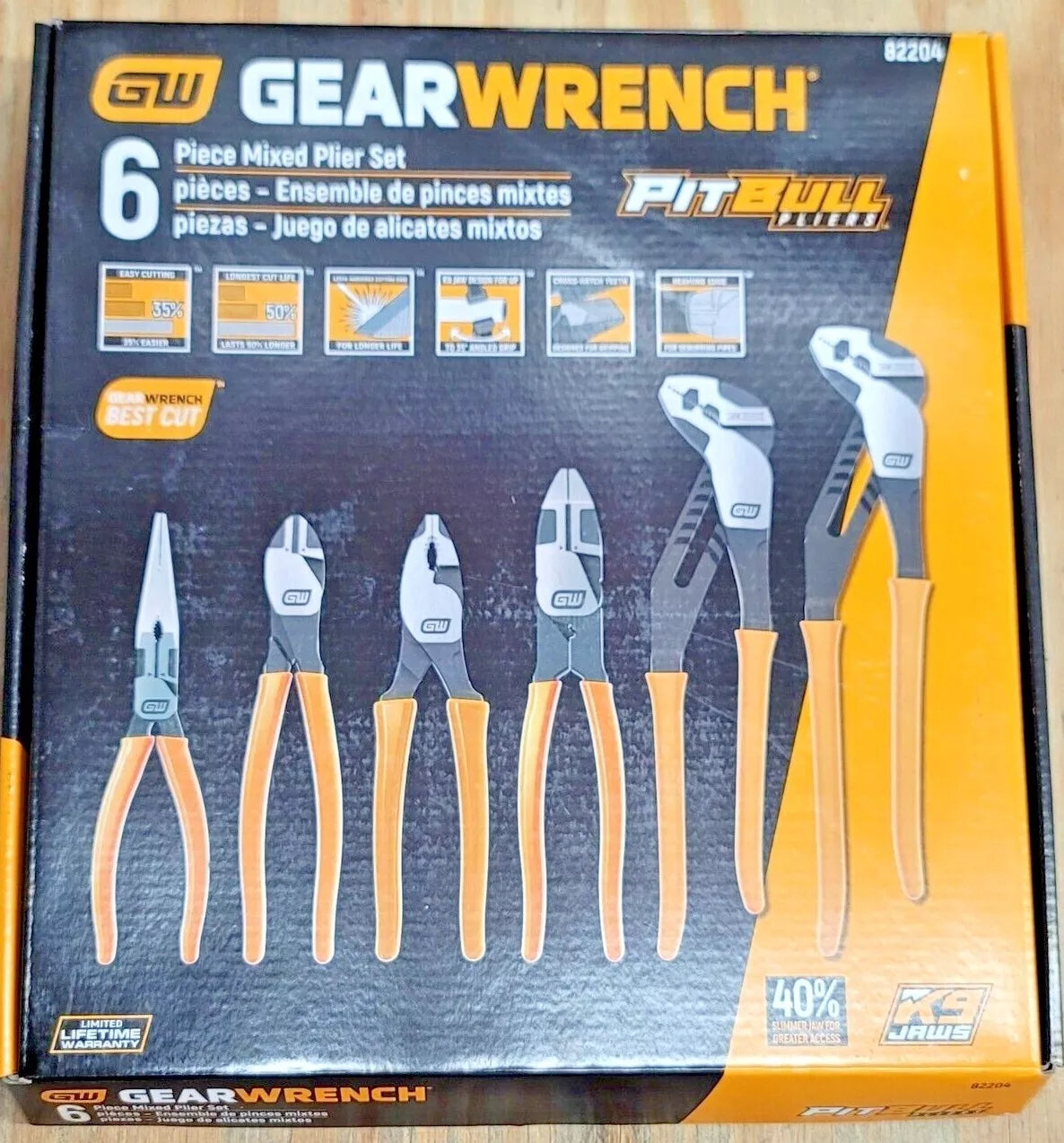 GearWrench Pitbull 6pc Pro Mix Plier Set Cutters, Needle Nose, Slip Joint 82204