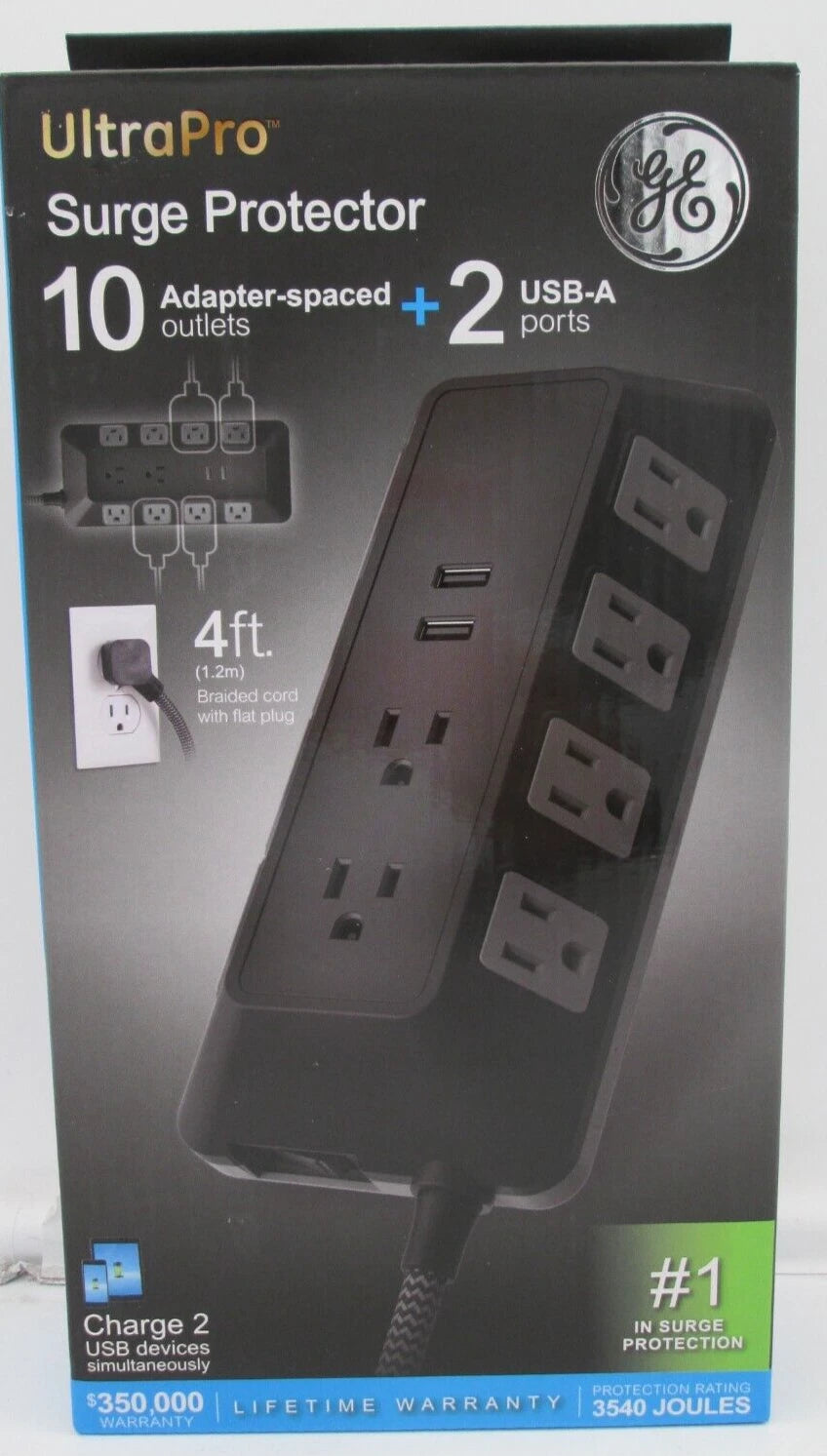 GE UltraPro Surge Protector 10 Adapter-Spaced Outlets 2 USB-A Ports 4 FT Cord C3 73775-RF1
