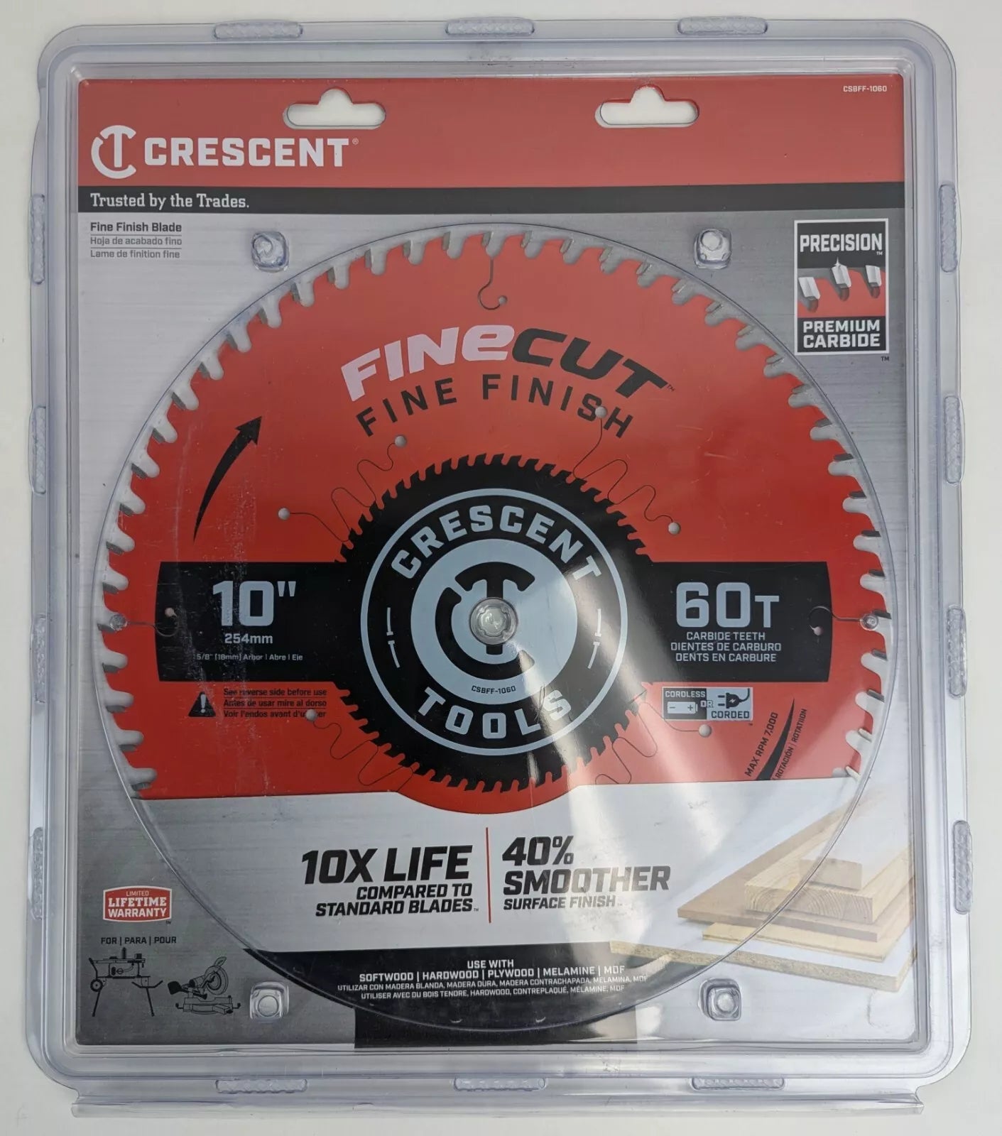 Crescent 10" x 60T 5/8” Fine Finish Carbide 60 Tooth Saw Blade CSBFF-1060