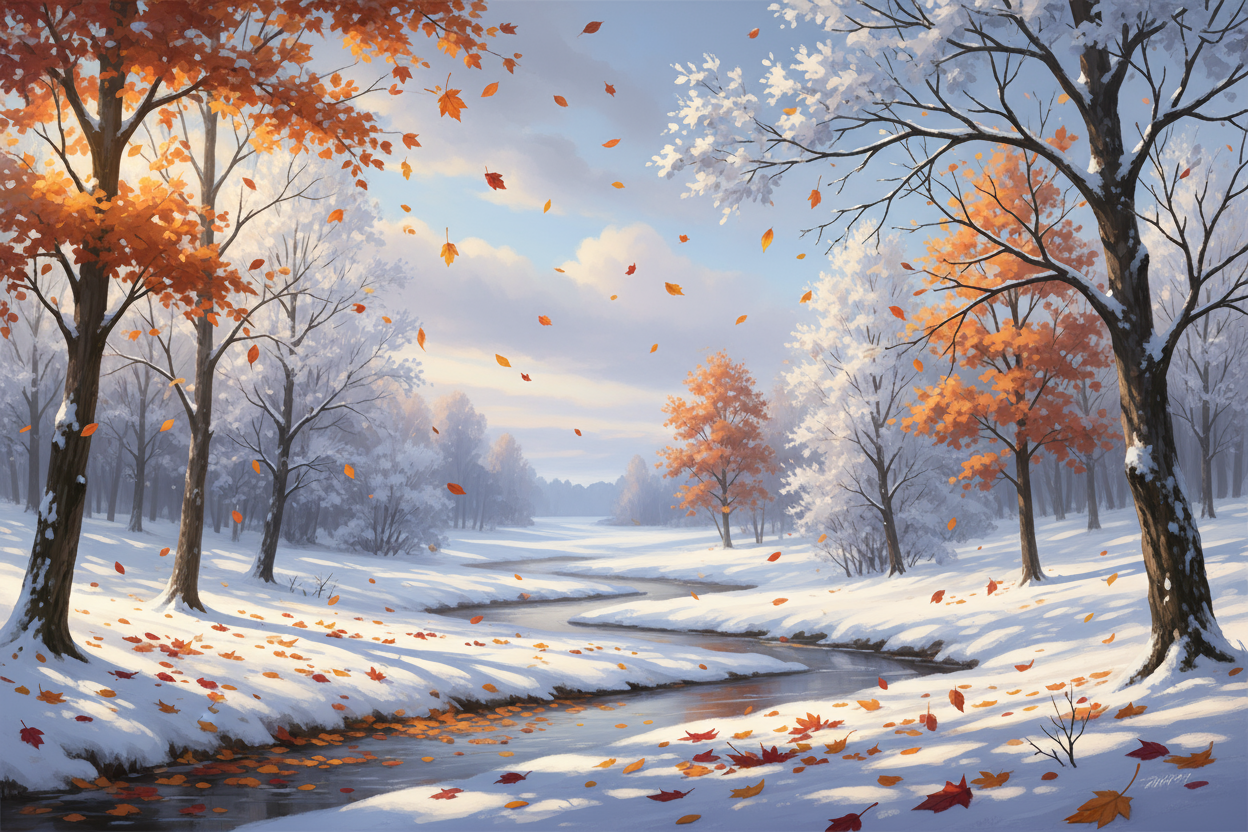 winter setting with fall leaves from trees